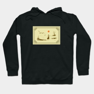 Riverside Serenity: Hand-drawn Samurai Watching Sunset Hoodie